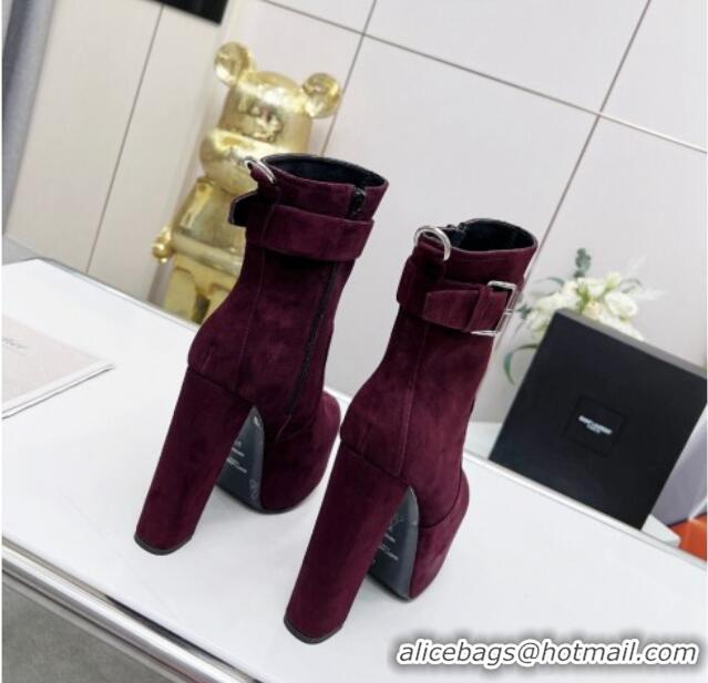 Stylish Saint Laurent Cherry Buckle Platform Booties in Suede Burgundy 0825054