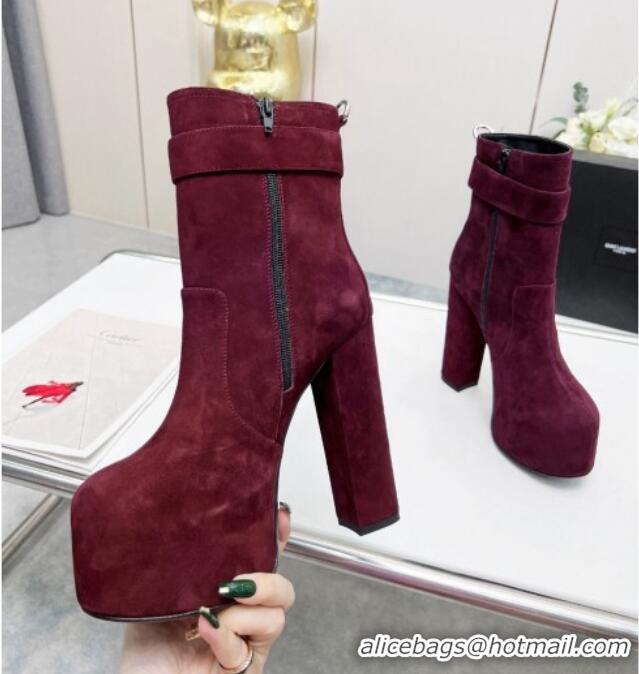 Stylish Saint Laurent Cherry Buckle Platform Booties in Suede Burgundy 0825054