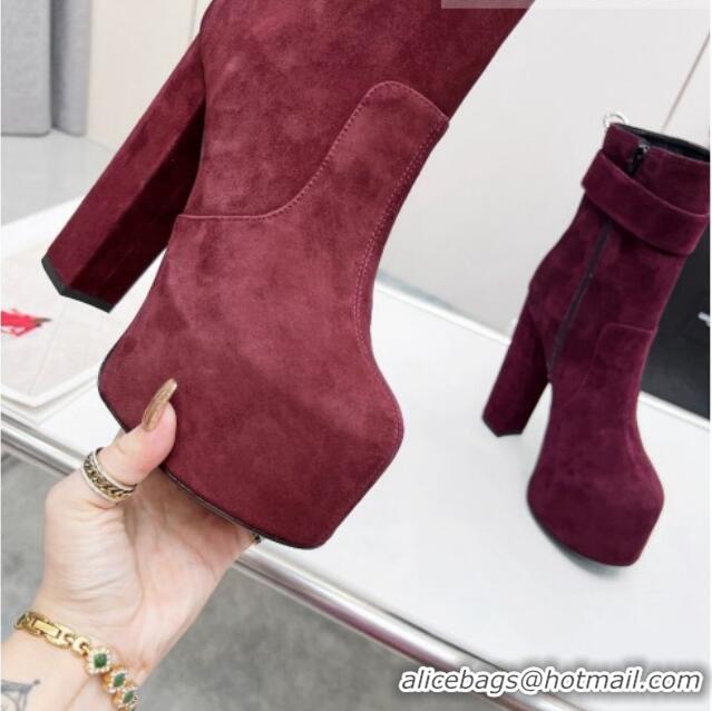 Stylish Saint Laurent Cherry Buckle Platform Booties in Suede Burgundy 0825054