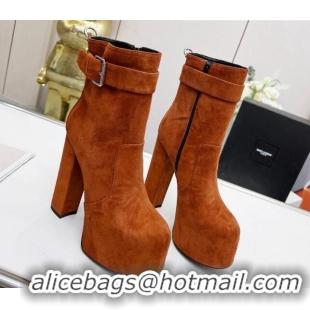 Unique Style Saint Laurent Cherry Buckle Platform Booties in Suede Brown 0825055