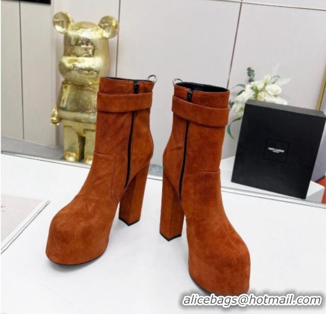 Unique Style Saint Laurent Cherry Buckle Platform Booties in Suede Brown 0825055