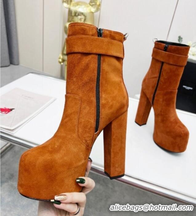 Unique Style Saint Laurent Cherry Buckle Platform Booties in Suede Brown 0825055