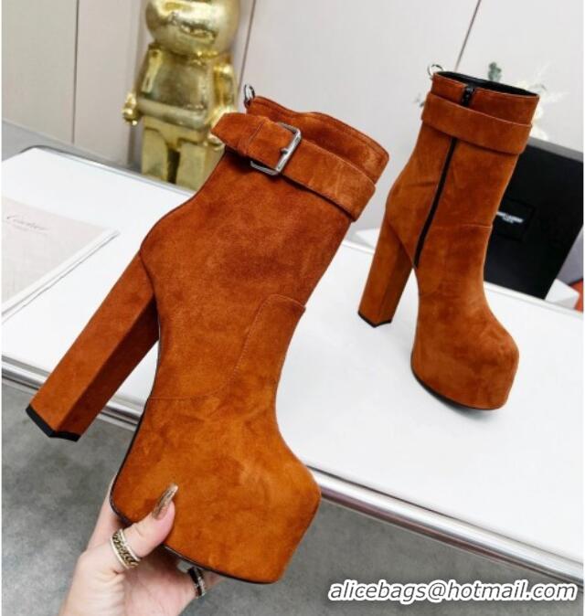 Unique Style Saint Laurent Cherry Buckle Platform Booties in Suede Brown 0825055