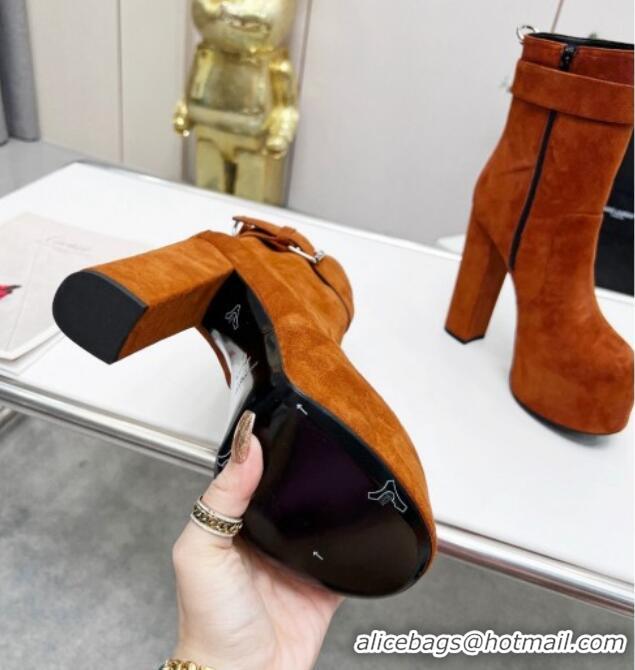 Unique Style Saint Laurent Cherry Buckle Platform Booties in Suede Brown 0825055