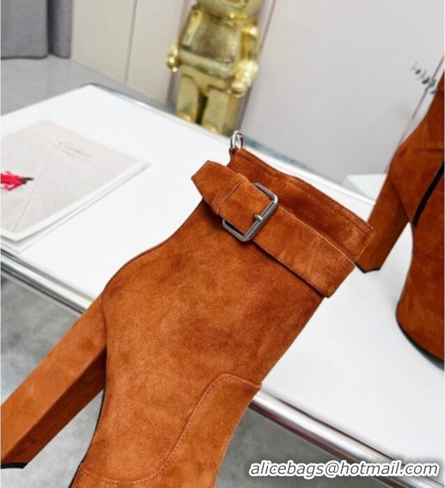 Unique Style Saint Laurent Cherry Buckle Platform Booties in Suede Brown 0825055