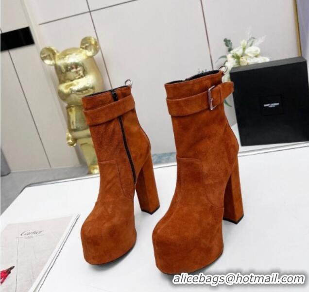 Unique Style Saint Laurent Cherry Buckle Platform Booties in Suede Brown 0825055