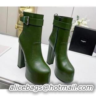 Good Looking Saint Laurent Cherry Buckle Platform Booties in Smooth Calfskin Leather Green 0825056