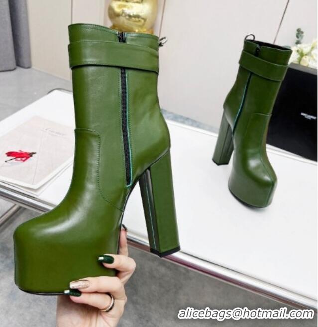 Good Looking Saint Laurent Cherry Buckle Platform Booties in Smooth Calfskin Leather Green 0825056