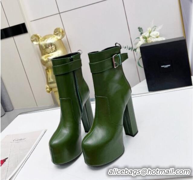 Good Looking Saint Laurent Cherry Buckle Platform Booties in Smooth Calfskin Leather Green 0825056