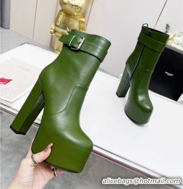 Good Looking Saint Laurent Cherry Buckle Platform Booties in Smooth Calfskin Leather Green 0825056