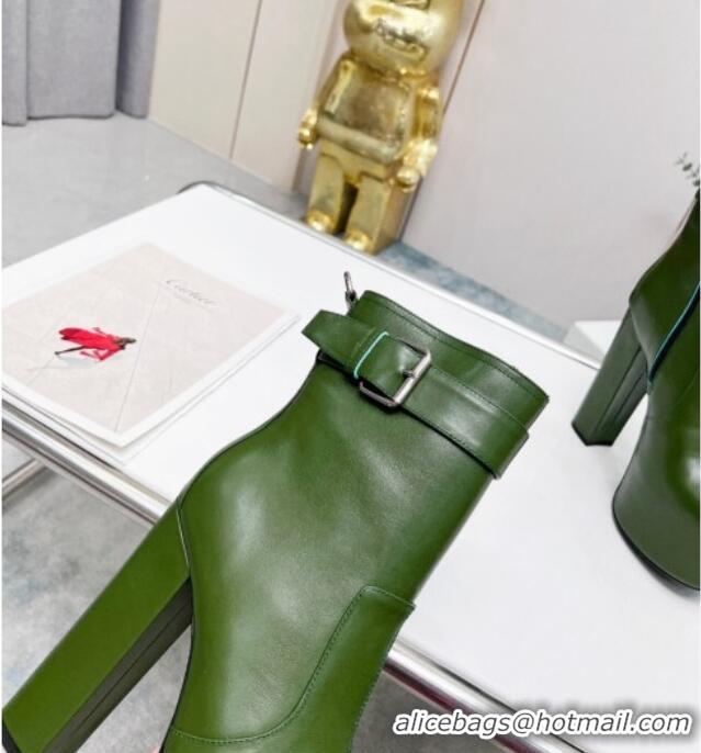 Good Looking Saint Laurent Cherry Buckle Platform Booties in Smooth Calfskin Leather Green 0825056