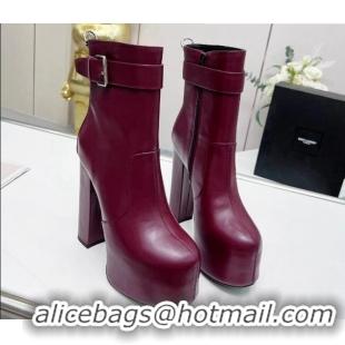 Shop Duplicate Saint Laurent Cherry Buckle Platform Booties in Smooth Calfskin Leather Burgundy 0825057