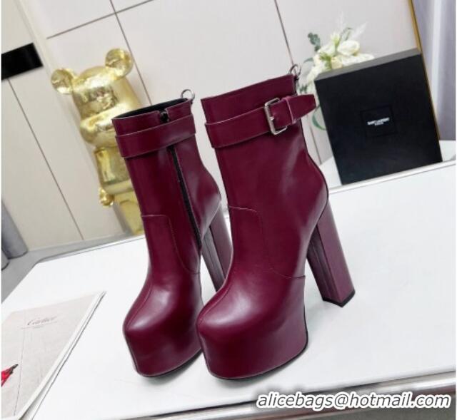 Shop Duplicate Saint Laurent Cherry Buckle Platform Booties in Smooth Calfskin Leather Burgundy 0825057