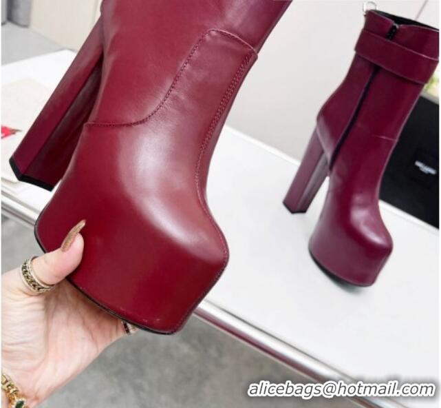 Shop Duplicate Saint Laurent Cherry Buckle Platform Booties in Smooth Calfskin Leather Burgundy 0825057