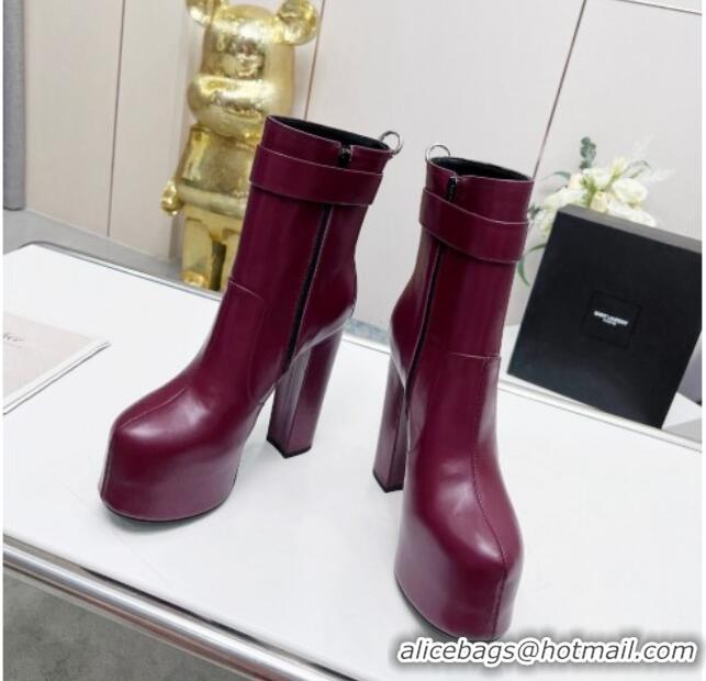 Shop Duplicate Saint Laurent Cherry Buckle Platform Booties in Smooth Calfskin Leather Burgundy 0825057