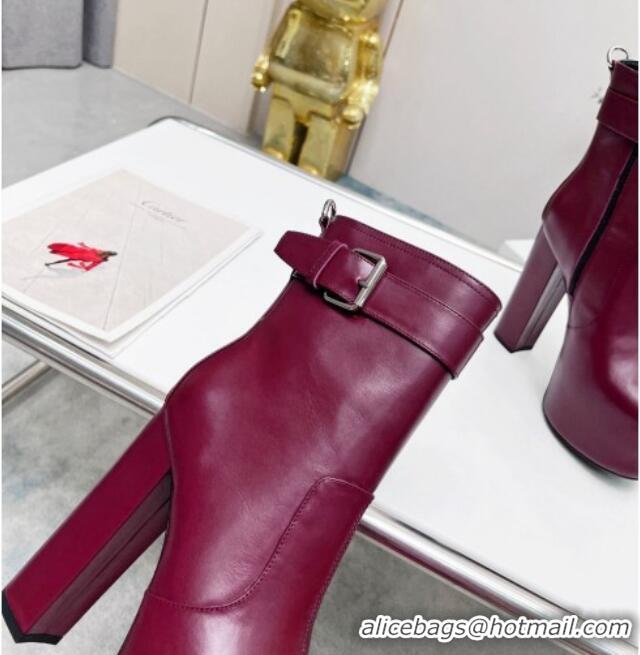 Shop Duplicate Saint Laurent Cherry Buckle Platform Booties in Smooth Calfskin Leather Burgundy 0825057