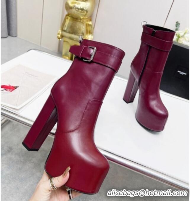 Shop Duplicate Saint Laurent Cherry Buckle Platform Booties in Smooth Calfskin Leather Burgundy 0825057