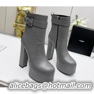 Most Popular Saint Laurent Cherry Buckle Platform Booties in Smooth Calfskin Leather Grey 0825058