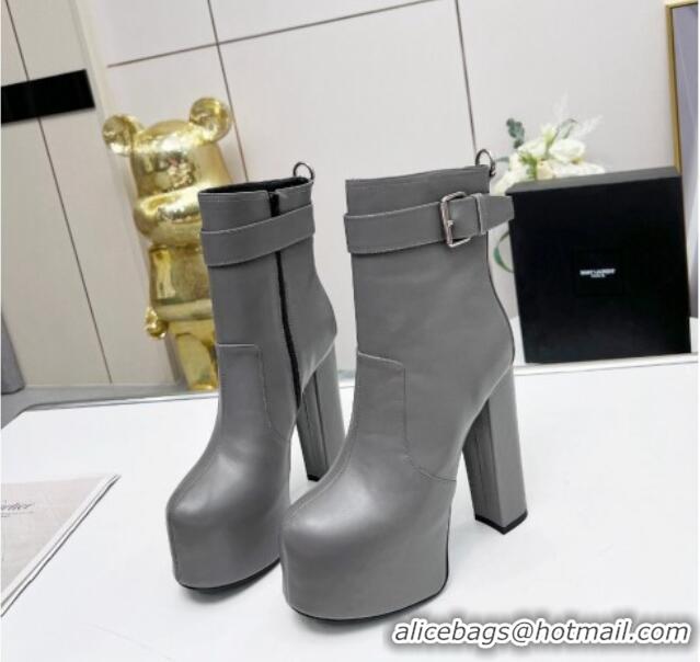 Most Popular Saint Laurent Cherry Buckle Platform Booties in Smooth Calfskin Leather Grey 0825058