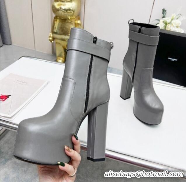 Most Popular Saint Laurent Cherry Buckle Platform Booties in Smooth Calfskin Leather Grey 0825058