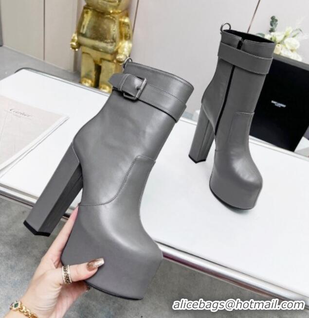 Most Popular Saint Laurent Cherry Buckle Platform Booties in Smooth Calfskin Leather Grey 0825058