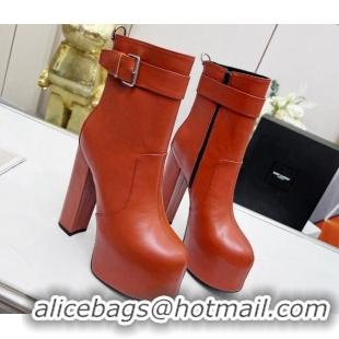 Pretty Style Saint Laurent Cherry Buckle Platform Booties in Smooth Calfskin Leather Brown 0825060