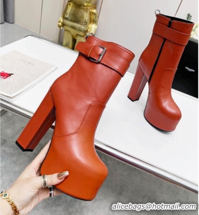 Pretty Style Saint Laurent Cherry Buckle Platform Booties in Smooth Calfskin Leather Brown 0825060