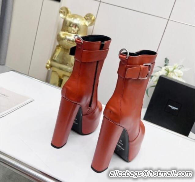 Pretty Style Saint Laurent Cherry Buckle Platform Booties in Smooth Calfskin Leather Brown 0825060