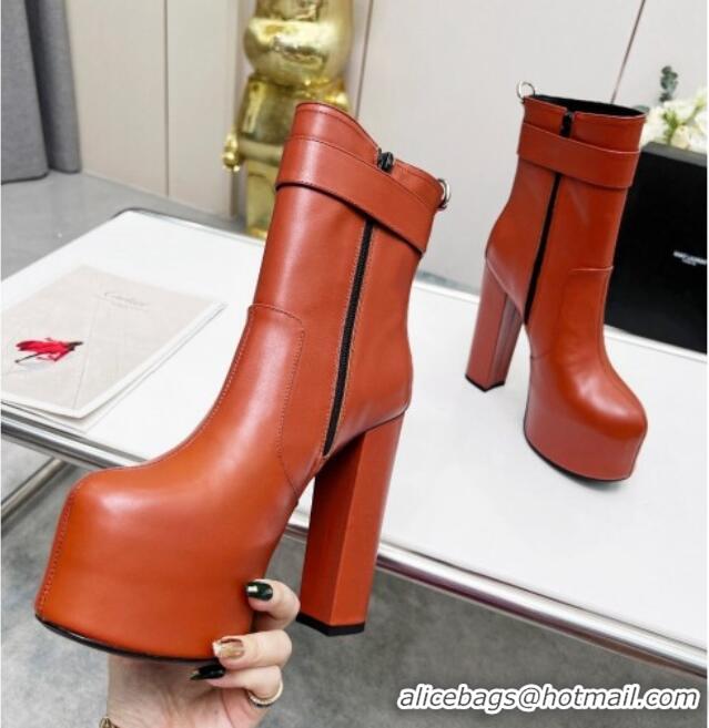 Pretty Style Saint Laurent Cherry Buckle Platform Booties in Smooth Calfskin Leather Brown 0825060