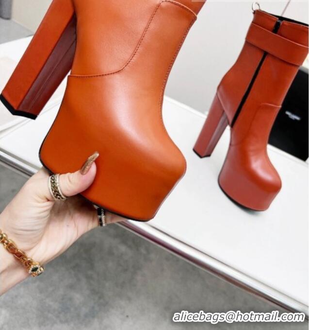 Pretty Style Saint Laurent Cherry Buckle Platform Booties in Smooth Calfskin Leather Brown 0825060