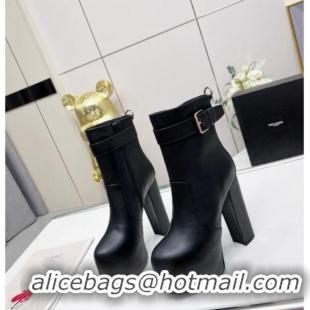 Charming Saint Laurent Cherry Buckle Platform Booties in Smooth Calfskin Leather Black 0825061