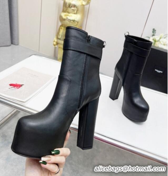 Charming Saint Laurent Cherry Buckle Platform Booties in Smooth Calfskin Leather Black 0825061