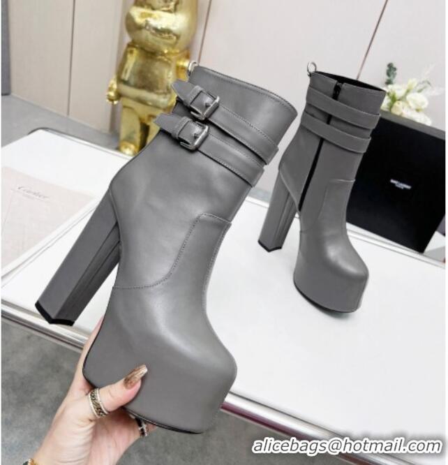 Good Quality Saint Laurent Cherry Straps Buckle Platform Booties in Smooth Calfskin Grey 0825063