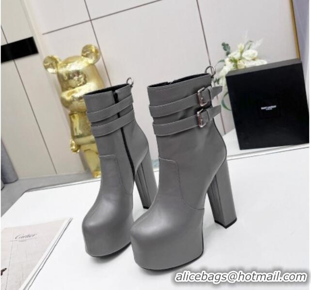 Good Quality Saint Laurent Cherry Straps Buckle Platform Booties in Smooth Calfskin Grey 0825063