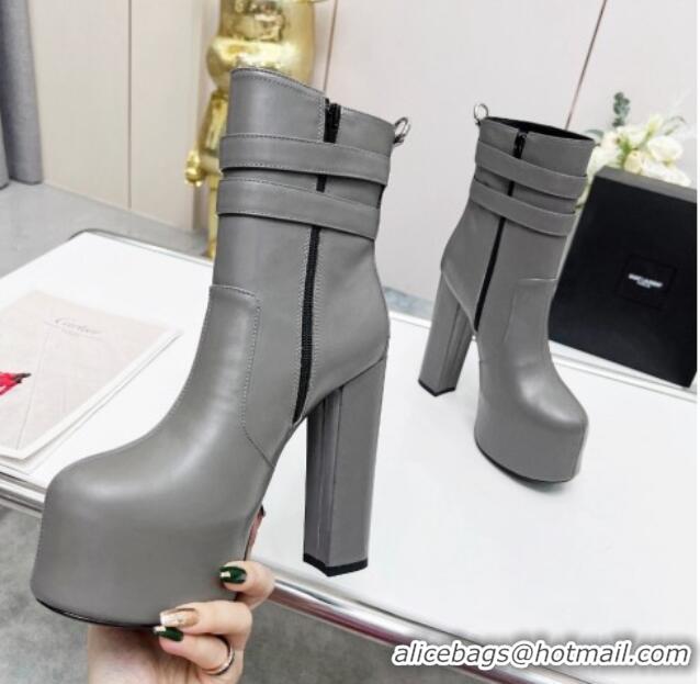 Good Quality Saint Laurent Cherry Straps Buckle Platform Booties in Smooth Calfskin Grey 0825063