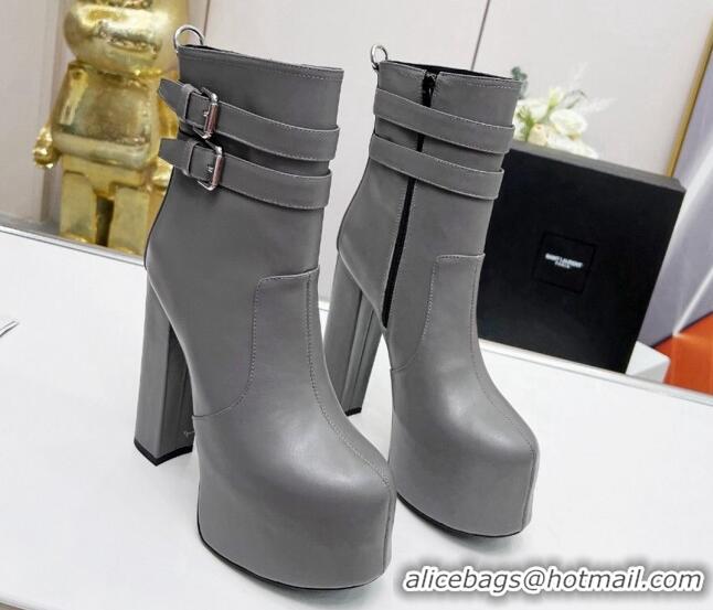 Good Quality Saint Laurent Cherry Straps Buckle Platform Booties in Smooth Calfskin Grey 0825063