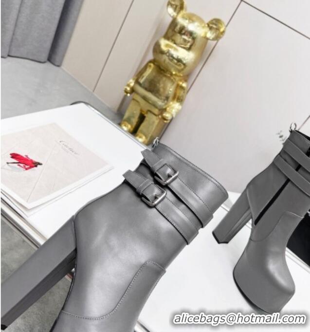 Good Quality Saint Laurent Cherry Straps Buckle Platform Booties in Smooth Calfskin Grey 0825063