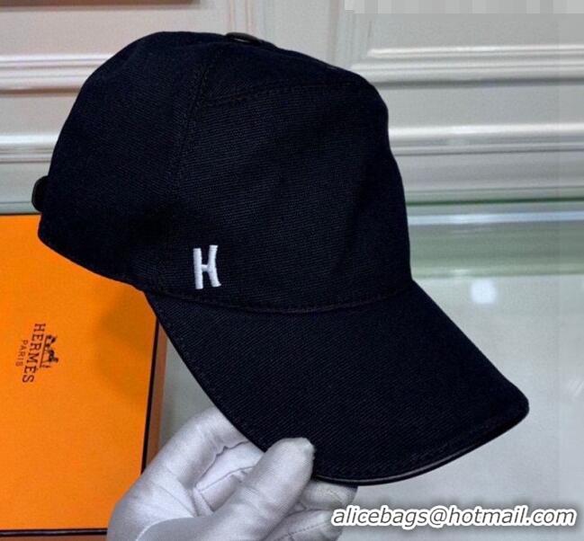 Top Quality Hermes Canvas Baseball Hat with Side H 0176 Black 2021