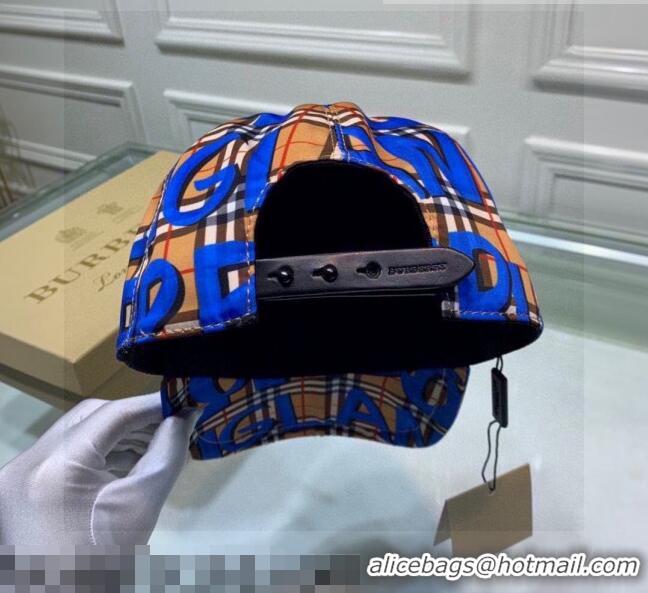 Super Quality Burberry Graffiti Check Baseball Hat 110487 Blue 2021