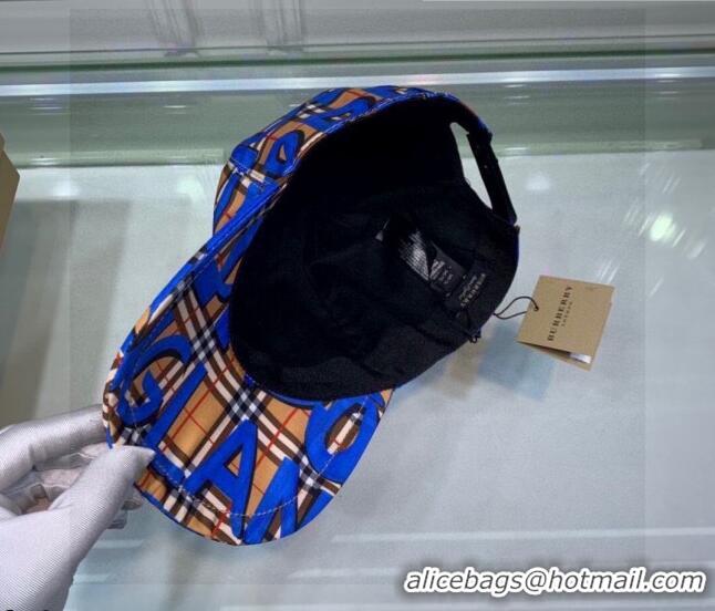 Super Quality Burberry Graffiti Check Baseball Hat 110487 Blue 2021