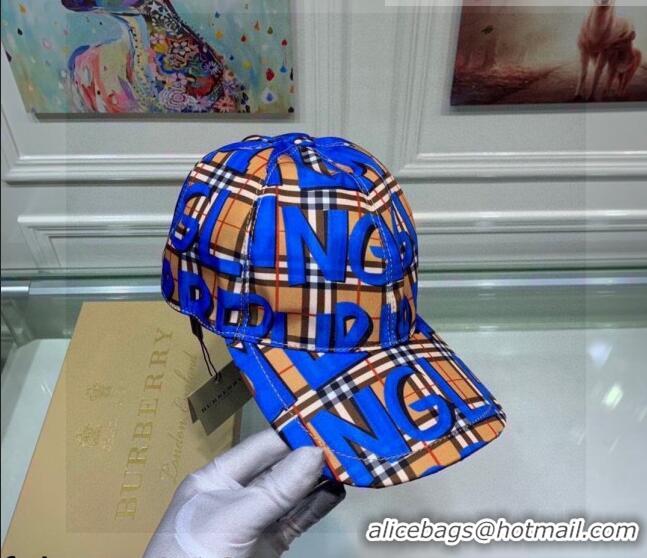 Super Quality Burberry Graffiti Check Baseball Hat 110487 Blue 2021