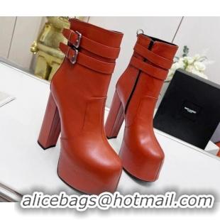 Best Grade Saint Laurent Cherry Straps Buckle Platform Booties in Smooth Calfskin Brown 0825065