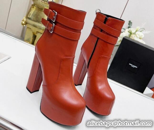 Best Grade Saint Laurent Cherry Straps Buckle Platform Booties in Smooth Calfskin Brown 0825065