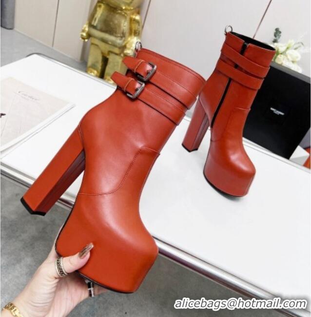 Best Grade Saint Laurent Cherry Straps Buckle Platform Booties in Smooth Calfskin Brown 0825065