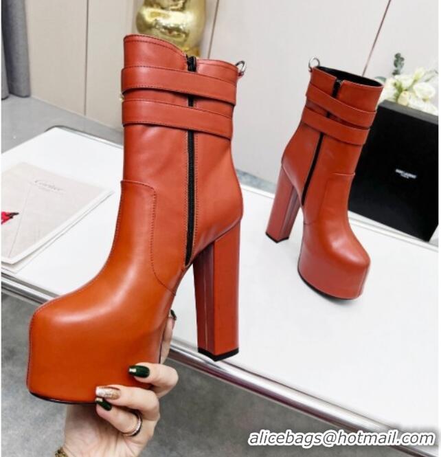 Best Grade Saint Laurent Cherry Straps Buckle Platform Booties in Smooth Calfskin Brown 0825065