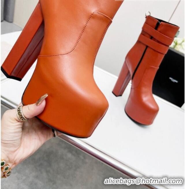 Best Grade Saint Laurent Cherry Straps Buckle Platform Booties in Smooth Calfskin Brown 0825065