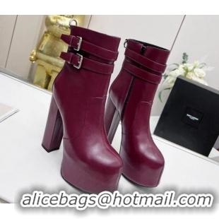 Durable Saint Laurent Cherry Straps Buckle Platform Booties in Smooth Calfskin Burgundy 0825064