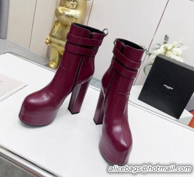 Durable Saint Laurent Cherry Straps Buckle Platform Booties in Smooth Calfskin Burgundy 0825064