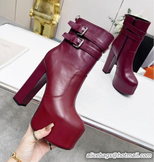 Durable Saint Laurent Cherry Straps Buckle Platform Booties in Smooth Calfskin Burgundy 0825064