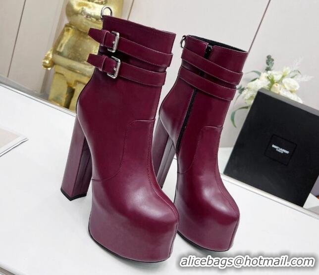 Durable Saint Laurent Cherry Straps Buckle Platform Booties in Smooth Calfskin Burgundy 0825064